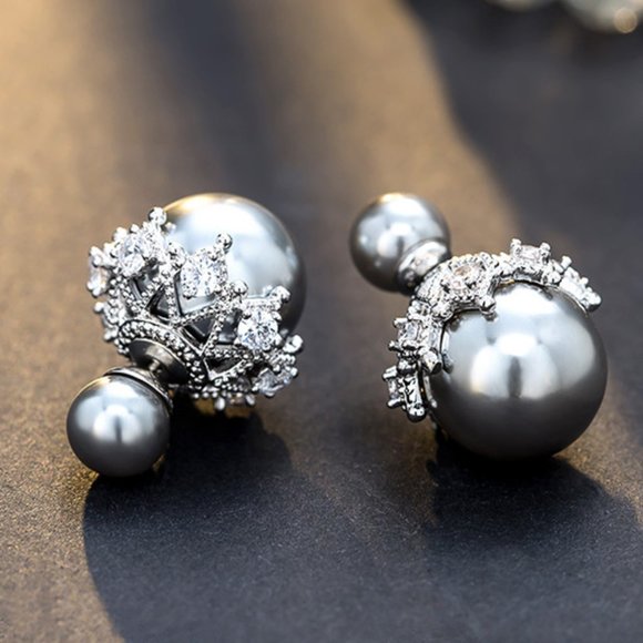 Sterling Silver Double-sided Pearl Stud Earrings (SILVER) ZBGJZB00115 - Picture 1 of 1